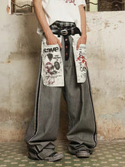 Distressed Reverse Design Large Pocket Printed Jeans