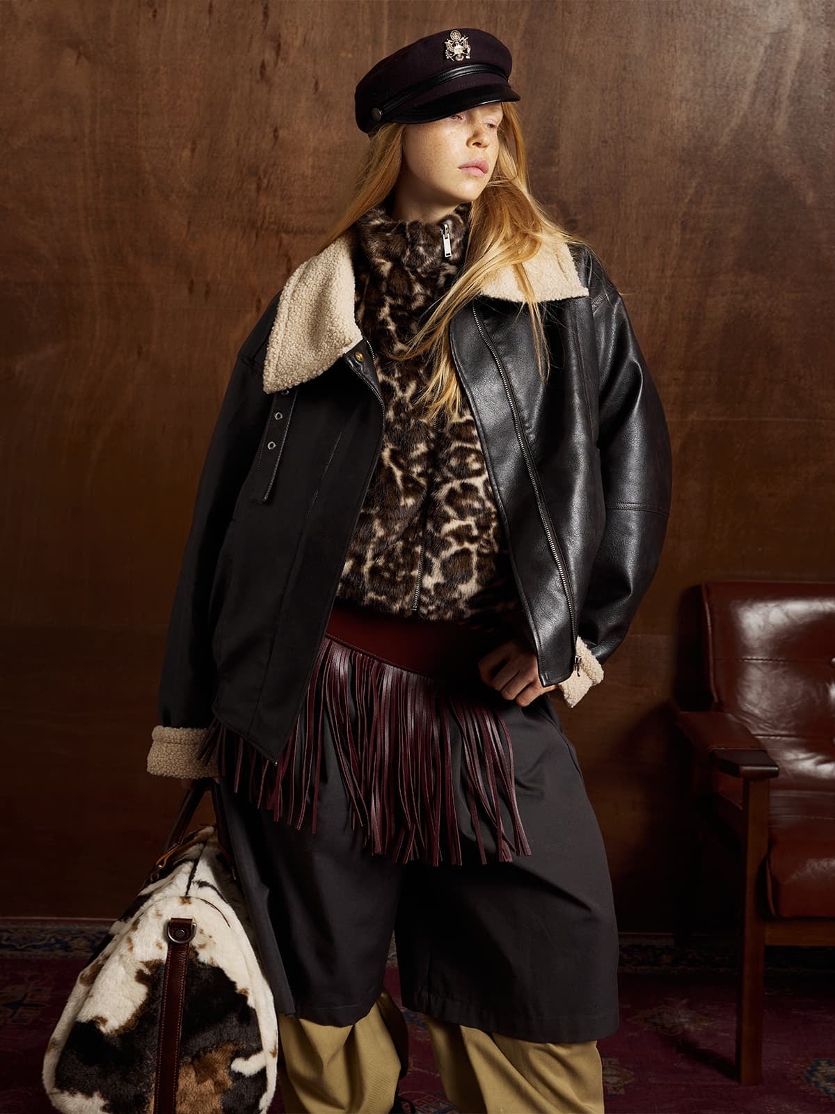 Vintage Shearling Collar Quilted Leather Jacket