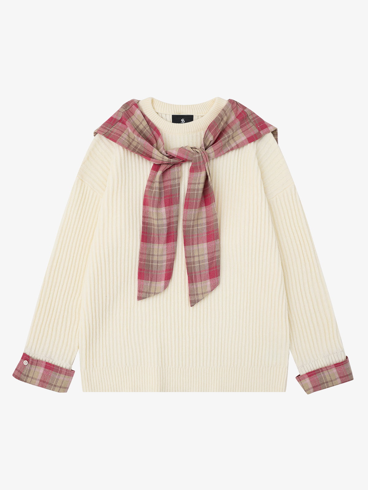 Plaid Scarf Patchwork Contrast Knit Sweater