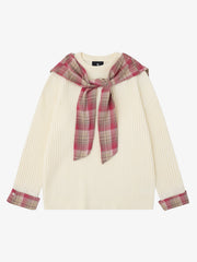 Plaid Scarf Patchwork Contrast Knit Sweater