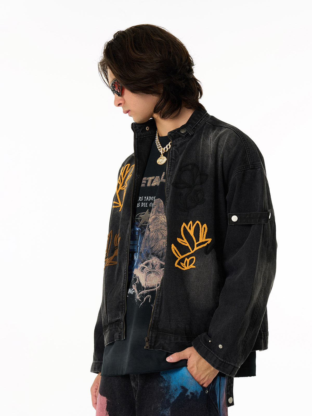 Retro Street Floral Embroidery Washed Zipper Denim Jacket