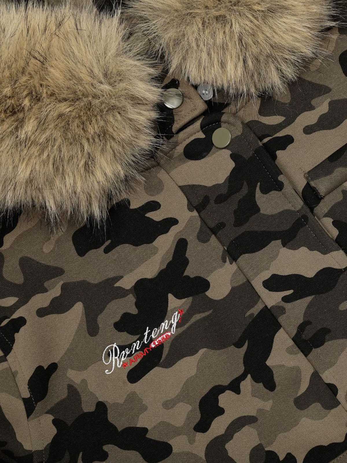 Camouflage Embroidery Patchwork Cardigan Fur Collar Hooded Sweatshirt