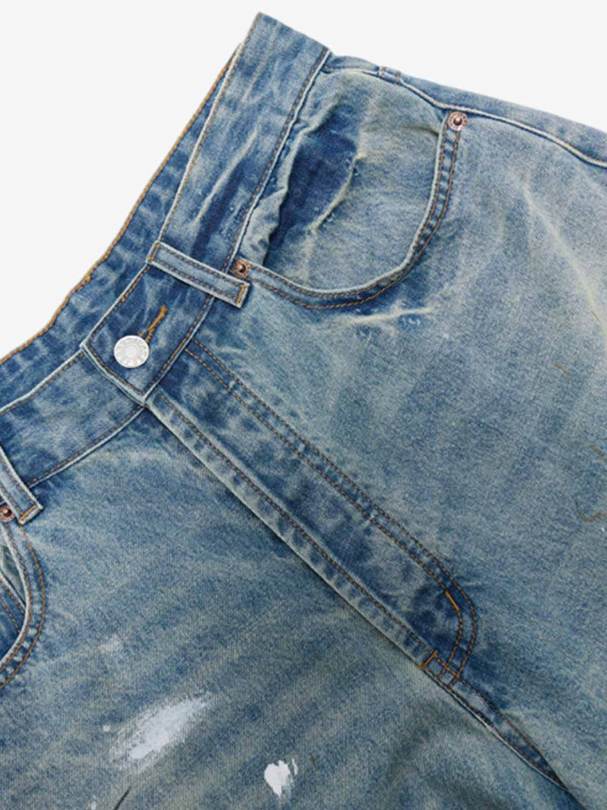 Washed Distressed Ink-Splashed Denim Shorts