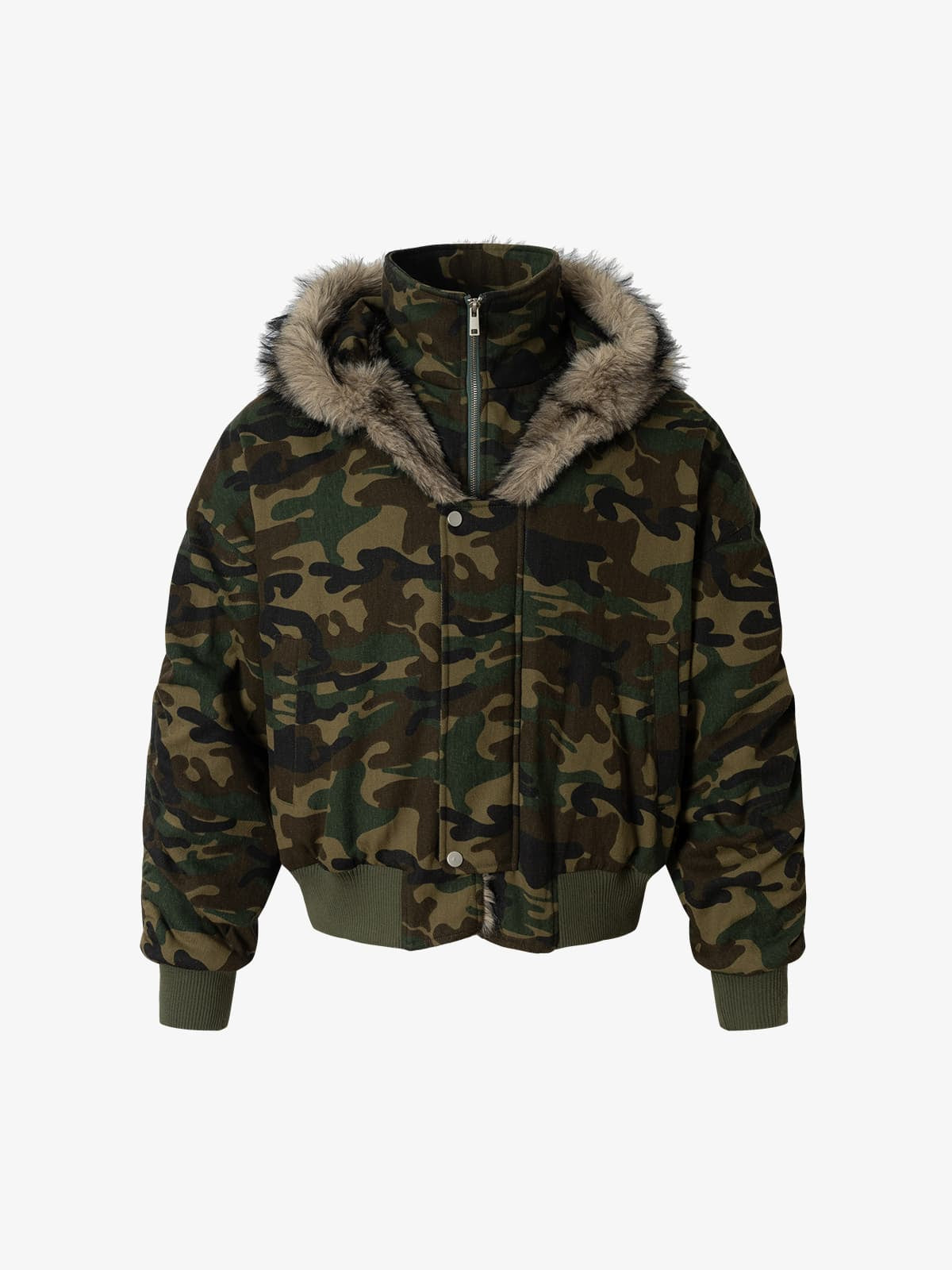 Vintage Camouflage Fur Collar Quilted Hooded Bomber Jacket