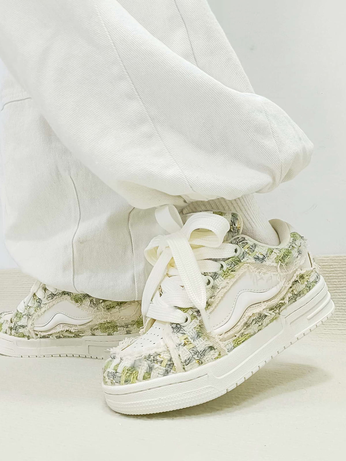 Vintage Tweed Patchwork Frayed Edge Chunky Sneakers