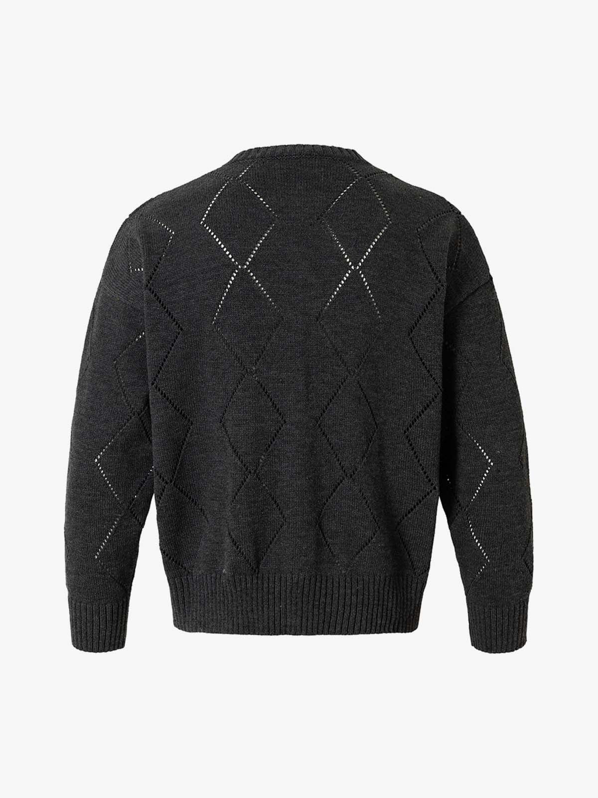Retro Diamond Check Hollow Knit Cardigan Sweater