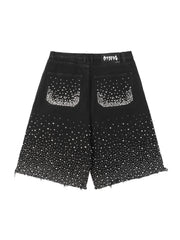 Retro Washed Rhinestone Raw Edge Denim Shorts