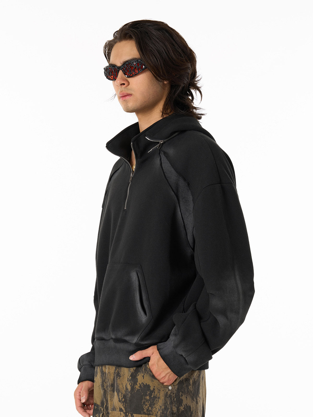 Distressed Stand Collar Quarter Zip Stitching Spray Paint Hooded Sweatshirt