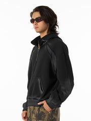 Distressed Stand Collar Quarter Zip Stitching Spray Paint Hooded Sweatshirt