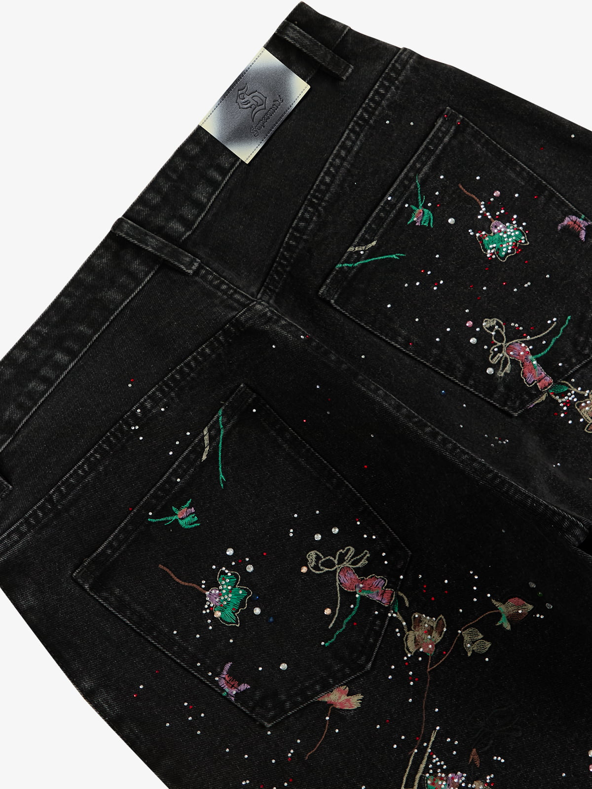 Vintage Floral Embroidery Rhinestone Straight Jeans
