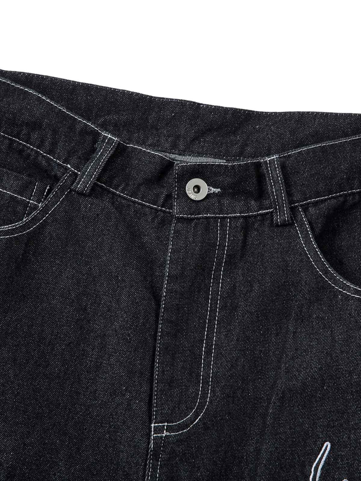 Embroidered Flame Baggy Jeans