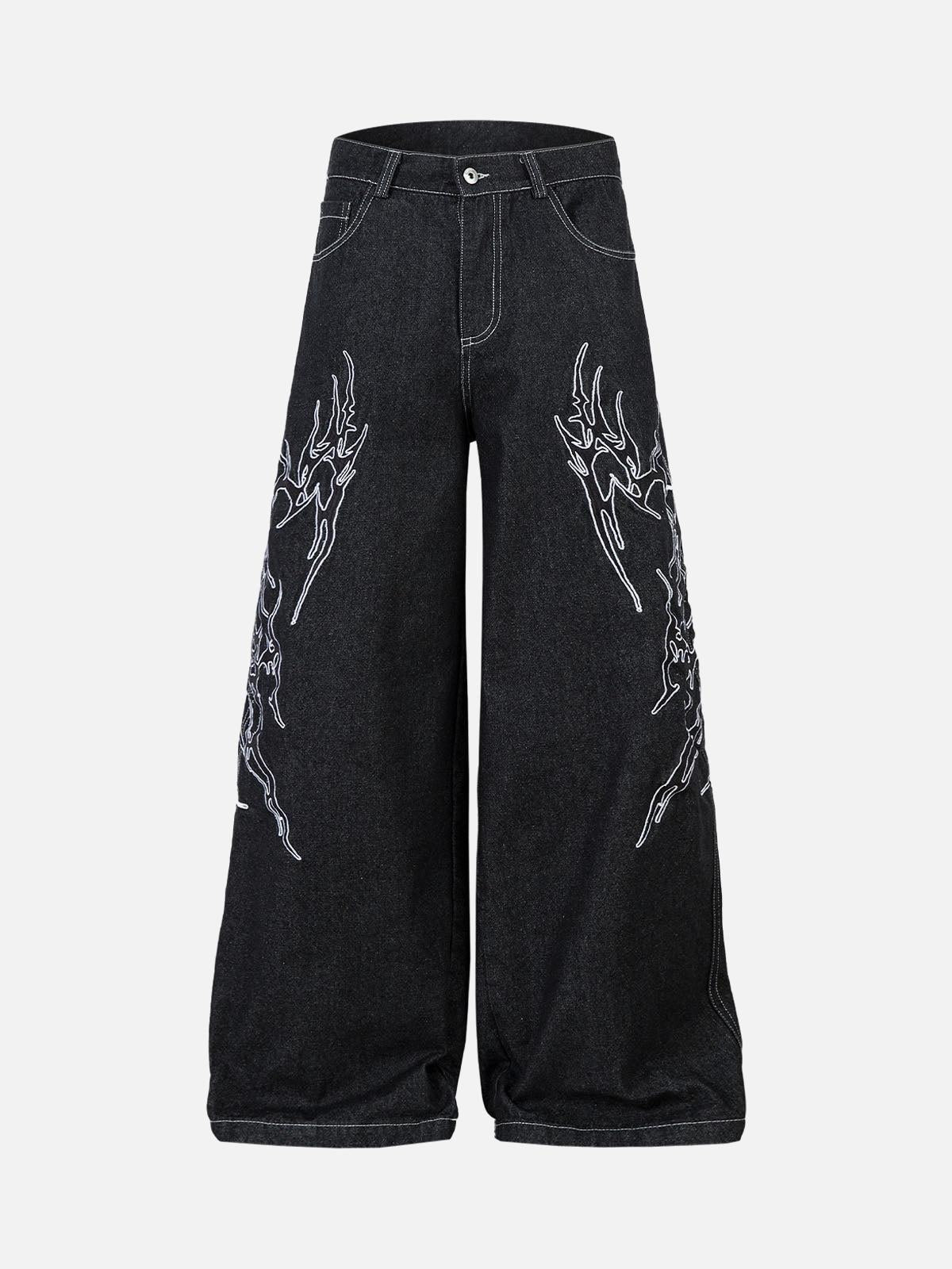 Embroidered Flame Baggy Jeans