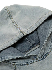 Embroidered Washed Distressed Denim Hoodie
