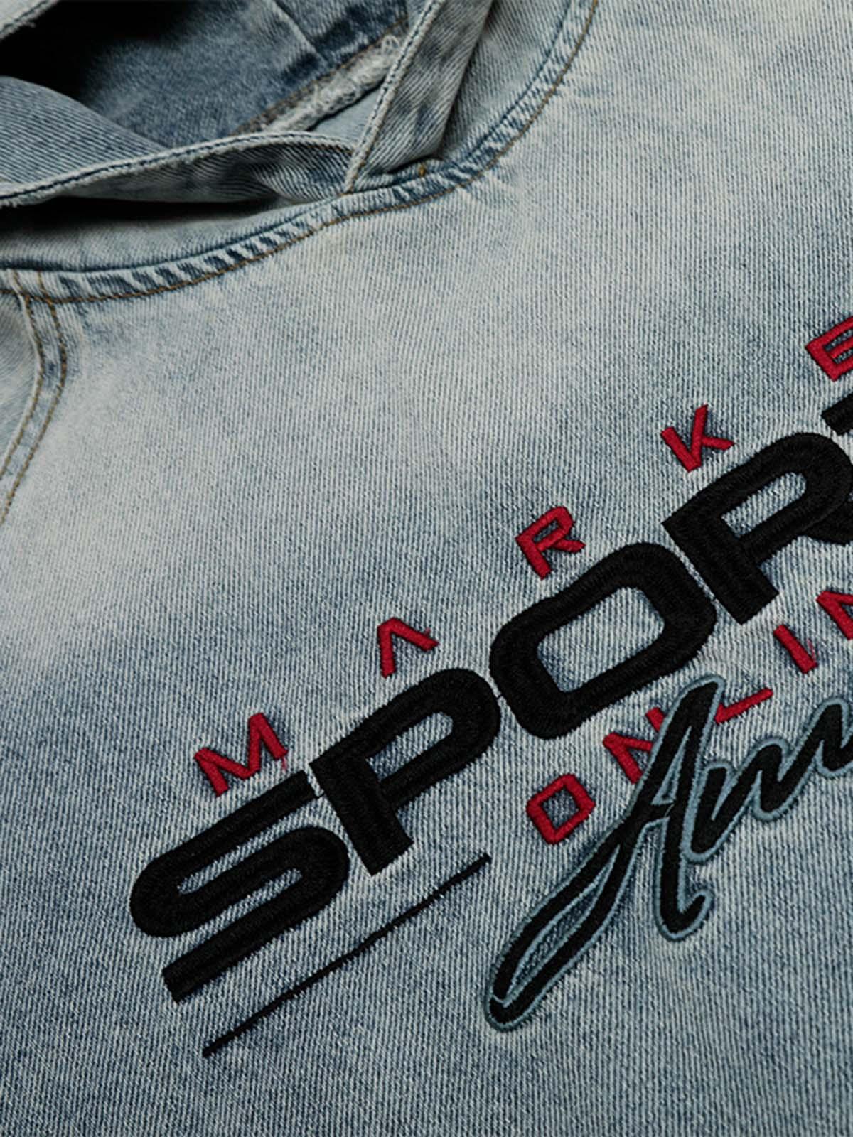 Embroidered Washed Distressed Denim Hoodie