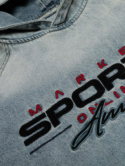 Embroidered Washed Distressed Denim Hoodie