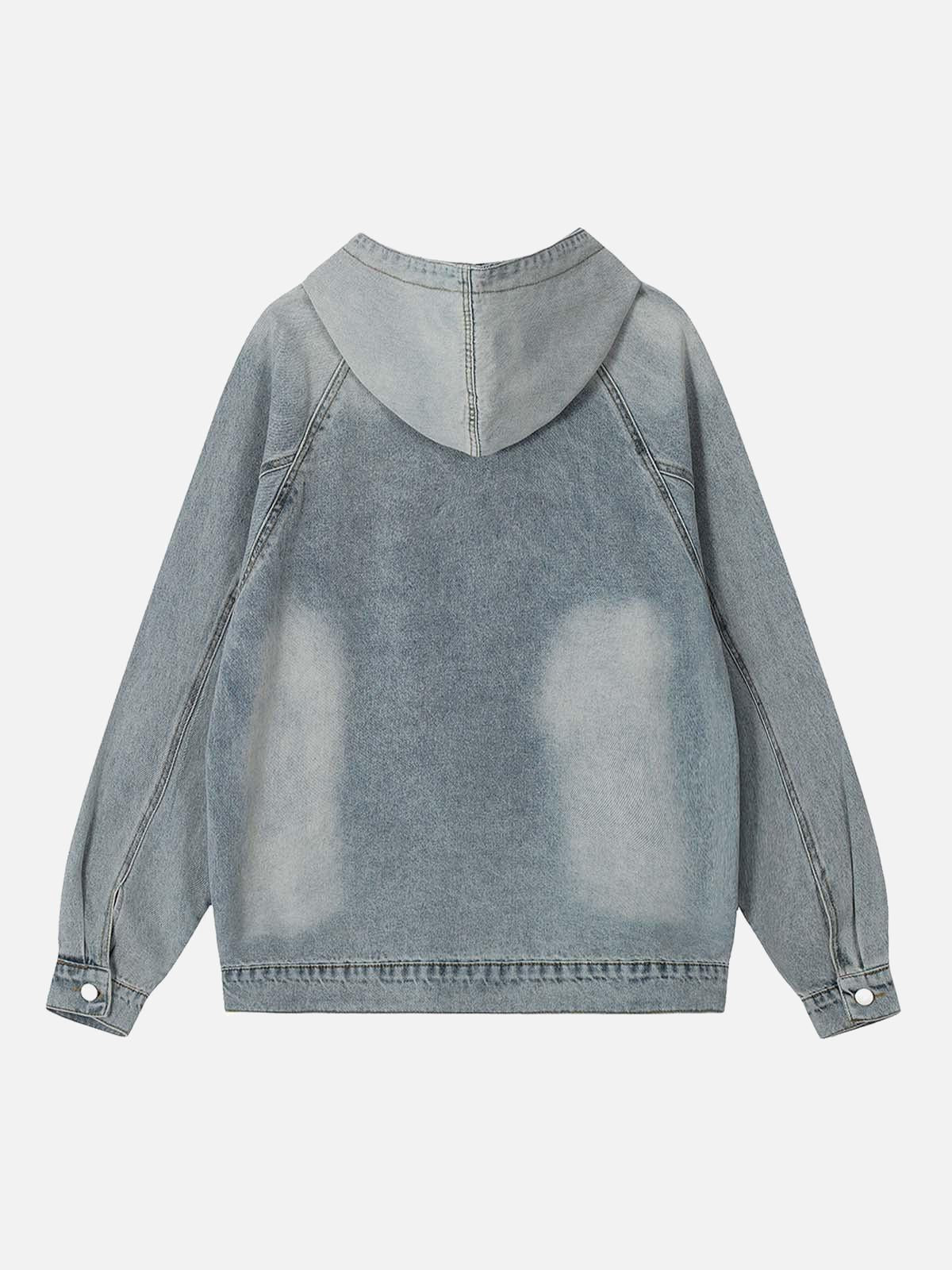 Embroidered Washed Distressed Denim Hoodie