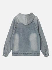 Embroidered Washed Distressed Denim Hoodie