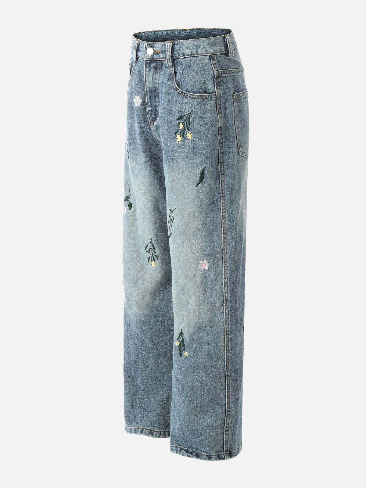 Embroidery Flower Washed Jeans