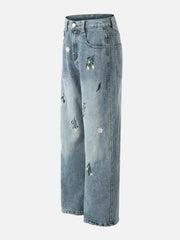 Embroidery Flower Washed Jeans