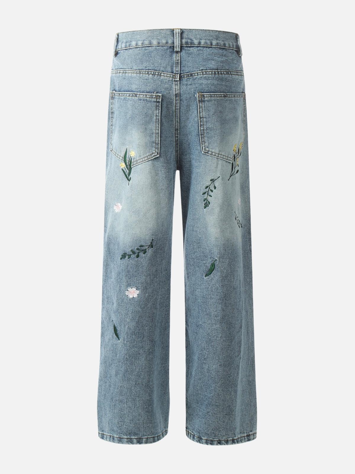 Embroidery Flower Washed Jeans