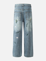 Embroidery Flower Washed Jeans