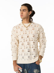 Ripped Openwork Crewneck Sweater