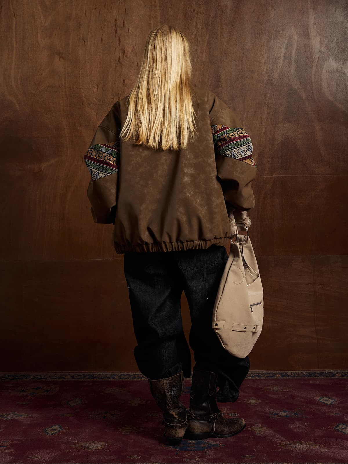 Vintage Leather and Sherpa Patchwork Webbing Cotton Jacket