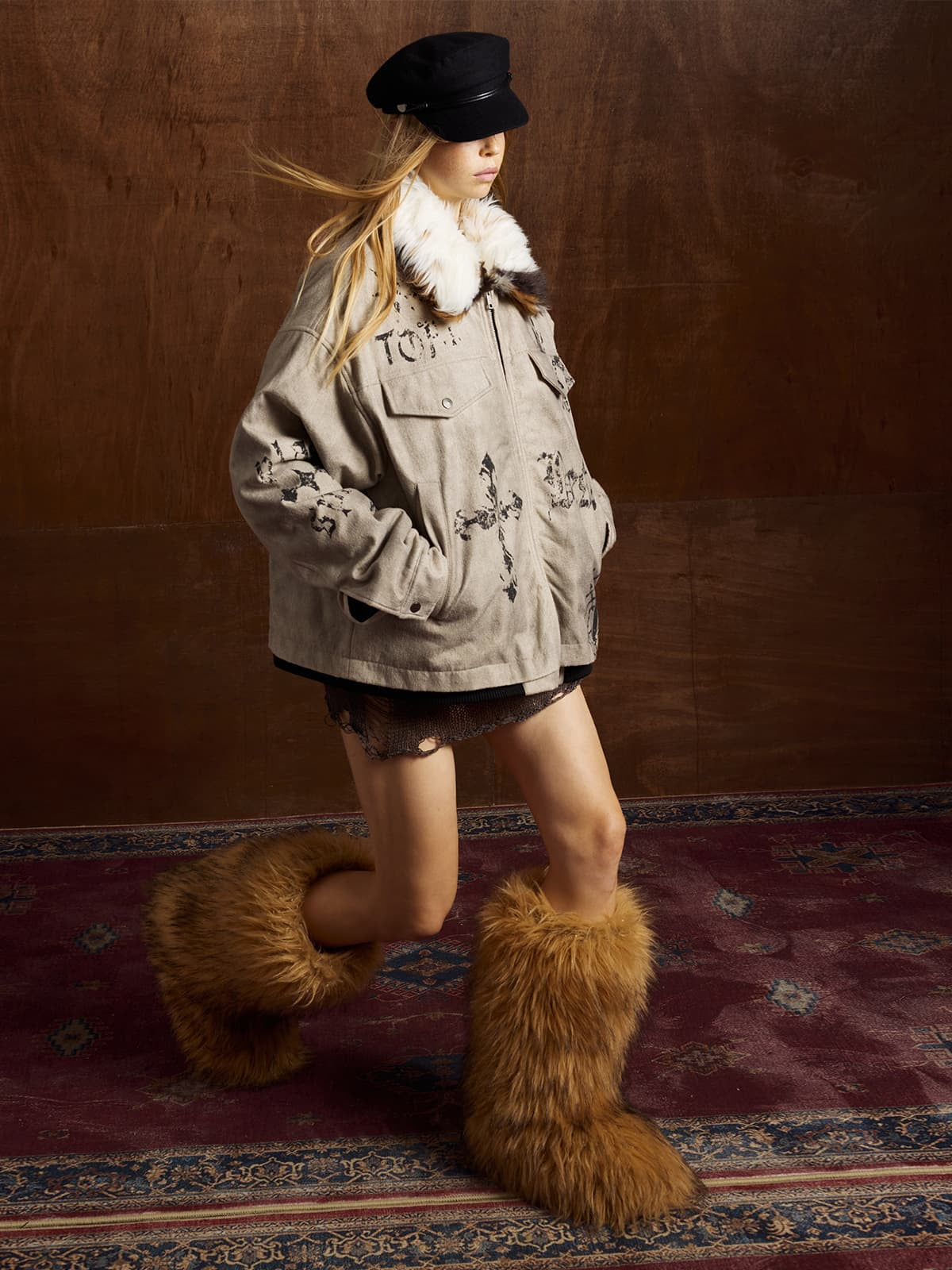 Gothic Letter Print Fur Collar Quilted Cotton Jacket
