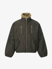 Vintage Zipper Design Fur Stand Collar Bomber Jacket