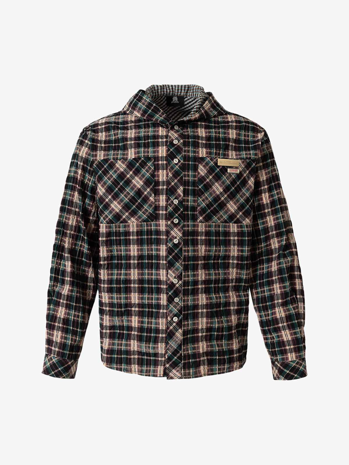 Retro Plaid Patchwork Hooded Work Shirt