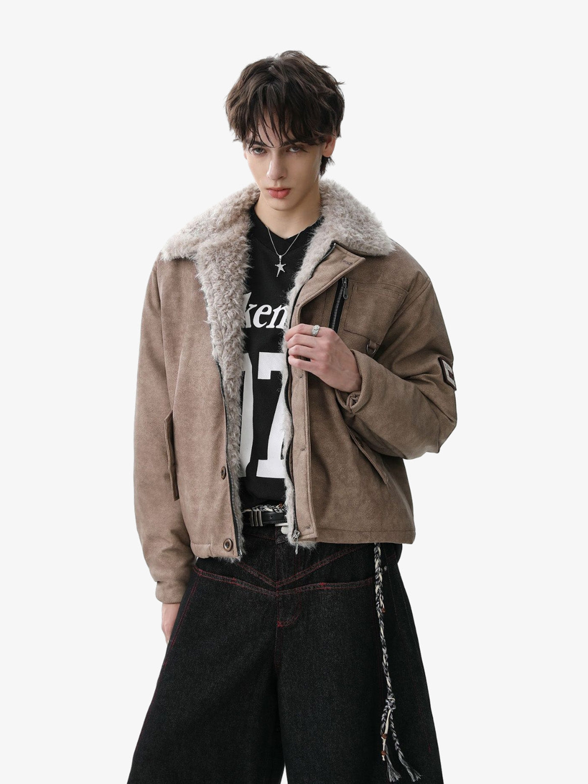 Vintage Fur Collar PU Leather Badge Embroidery Work Jacket