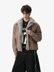 Vintage Fur Collar PU Leather Badge Embroidery Work Jacket