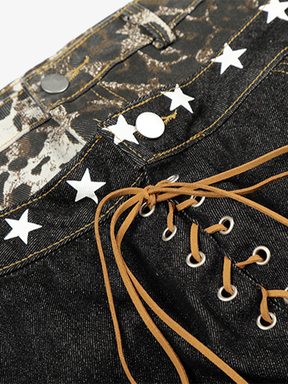 Leopard Star Print Double Waist Tie Jeans