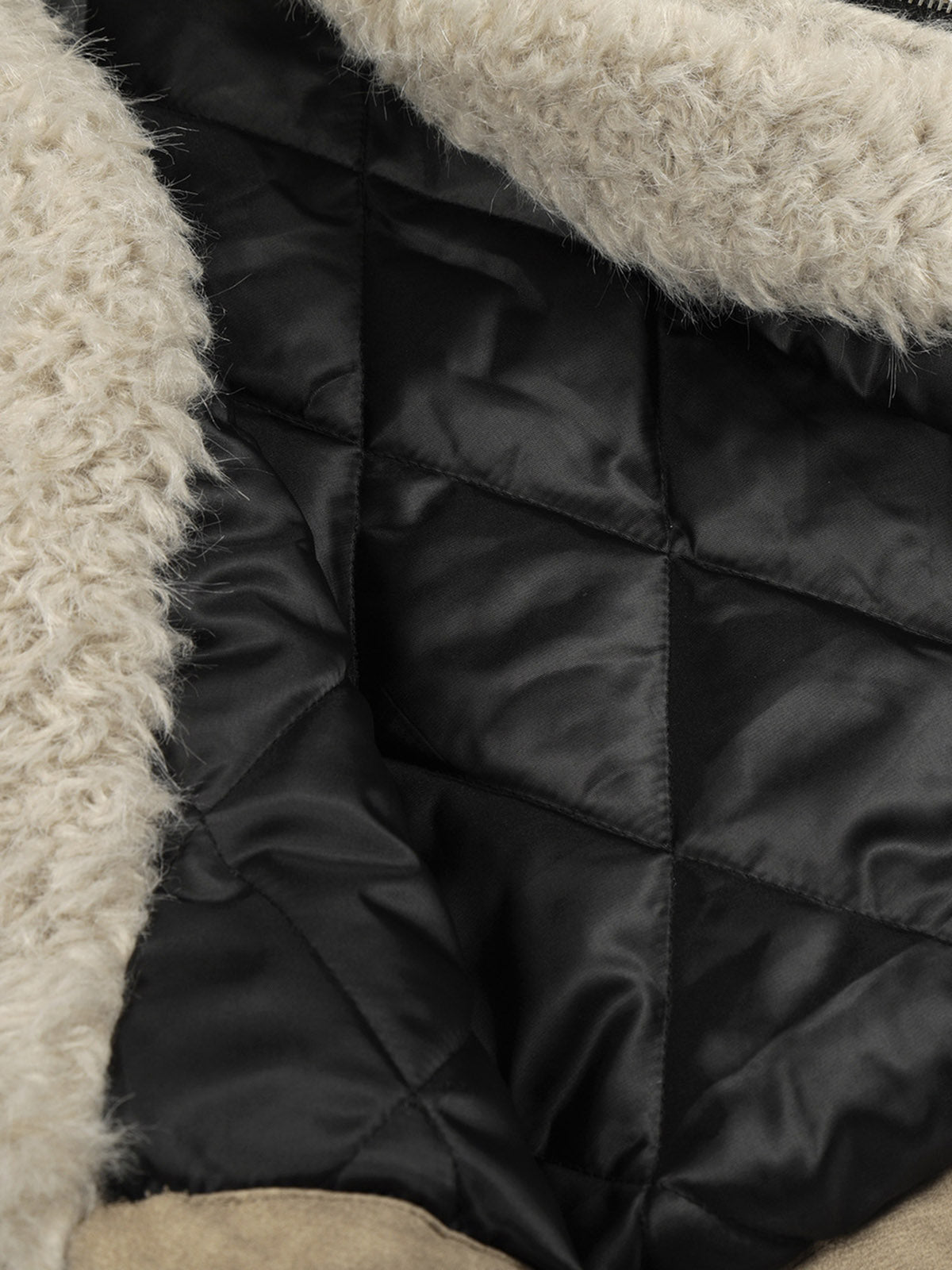 Vintage Fur Collar PU Leather Badge Embroidery Work Jacket