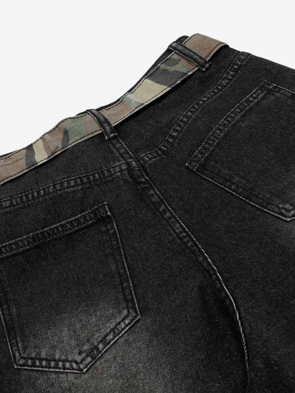 Vintage Washed Ripped Camouflage Patchwork Jeans