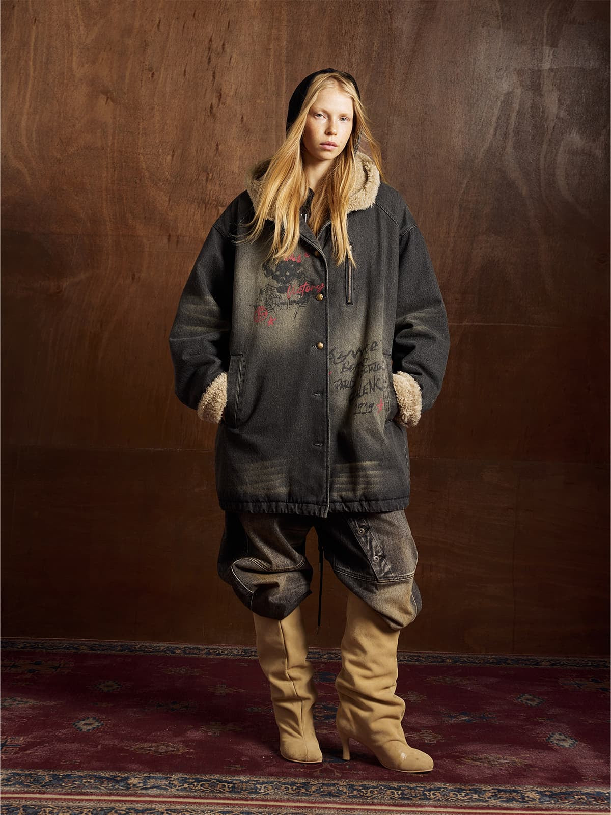 Distressed Graffiti Washed Long Lamb Fleece Denim Cotton Jacket