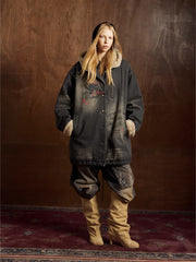 Distressed Graffiti Washed Long Lamb Fleece Denim Cotton Jacket