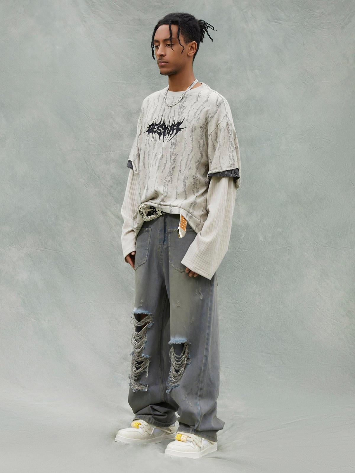 Faux Two-Piece Distressed Woolen T-Shirt