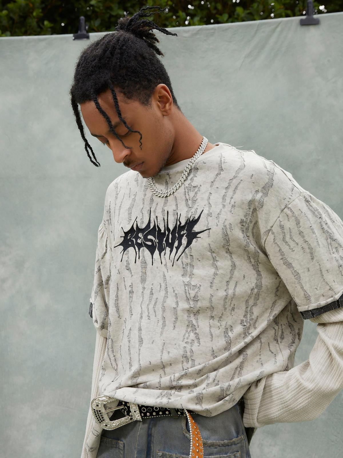 Faux Two-Piece Distressed Woolen T-Shirt