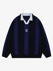 Vertical Striped Colorblock Lapel Sweater