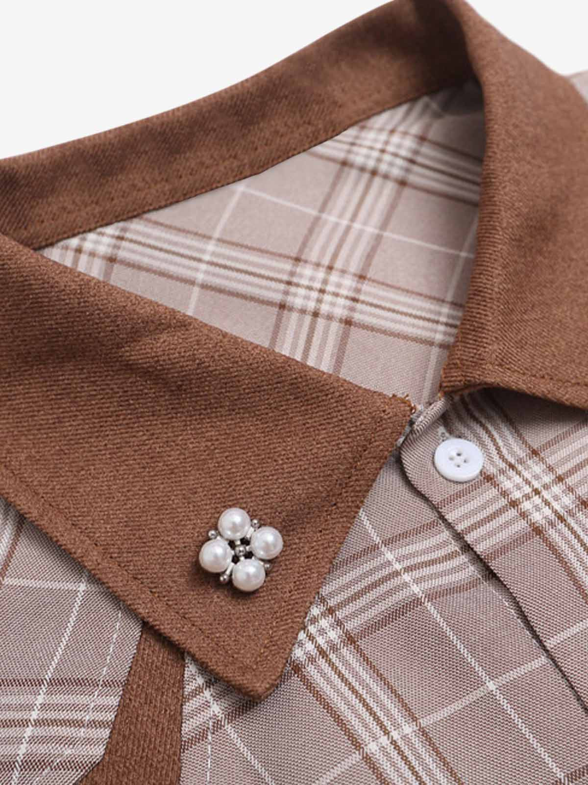 Faux Two-piece Pearl Button Plaid Short-Sleeved Shirt