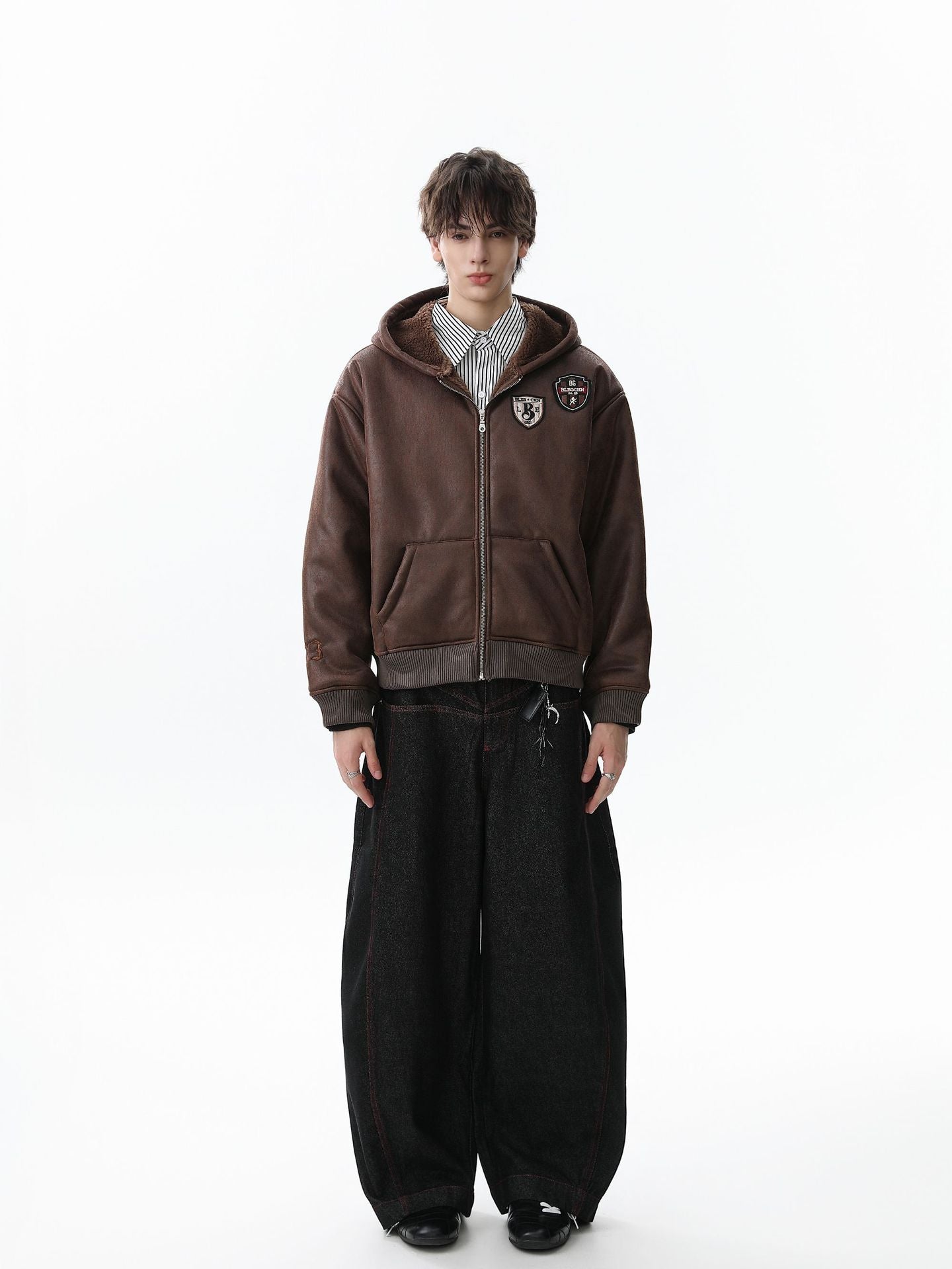 Vintage Leather Badge Fleece-lined Hooded Zip Bomber Jacket