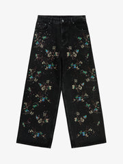 Vintage Floral Embroidery Rhinestone Straight Jeans
