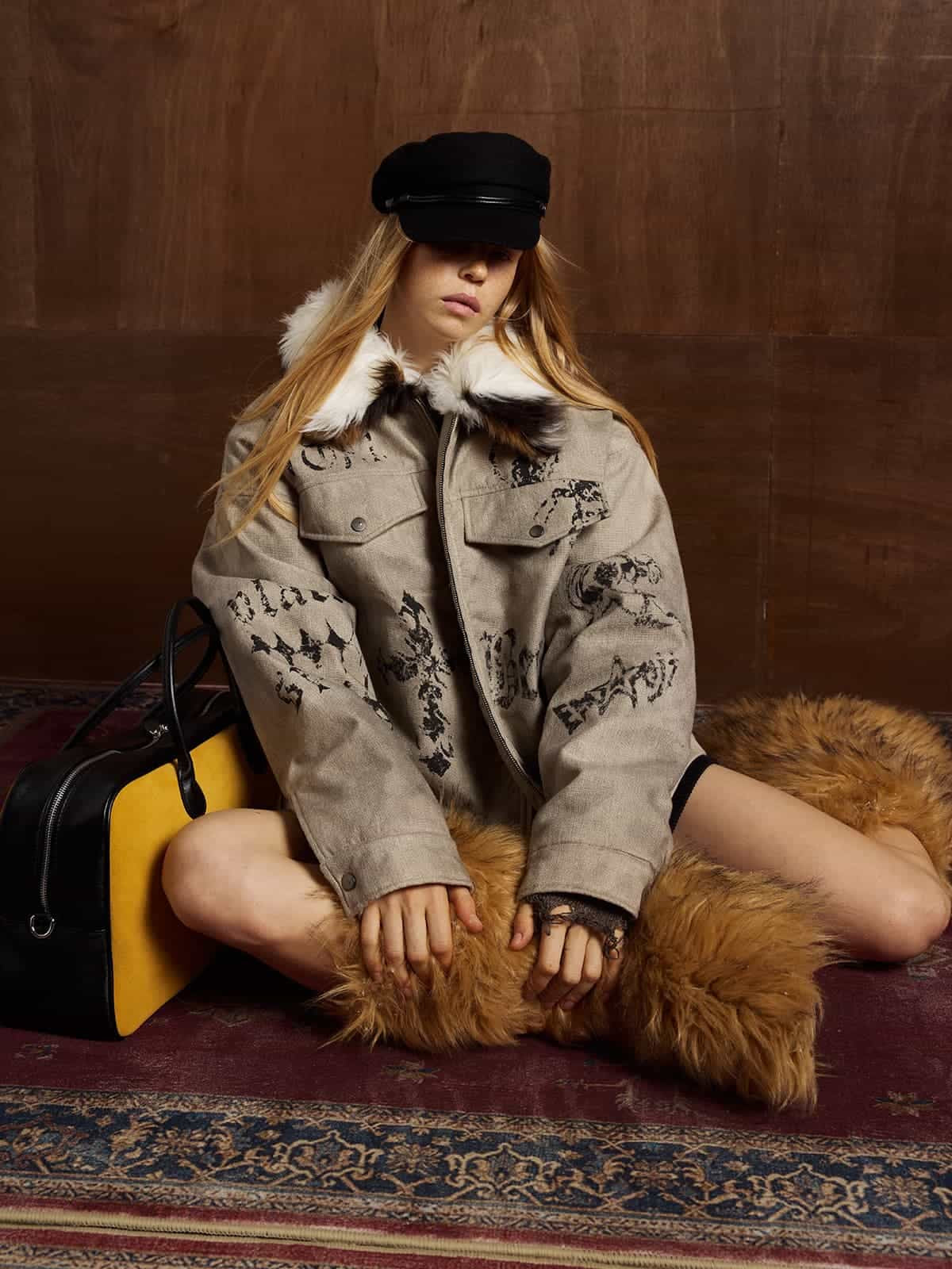 Gothic Letter Print Fur Collar Quilted Cotton Jacket