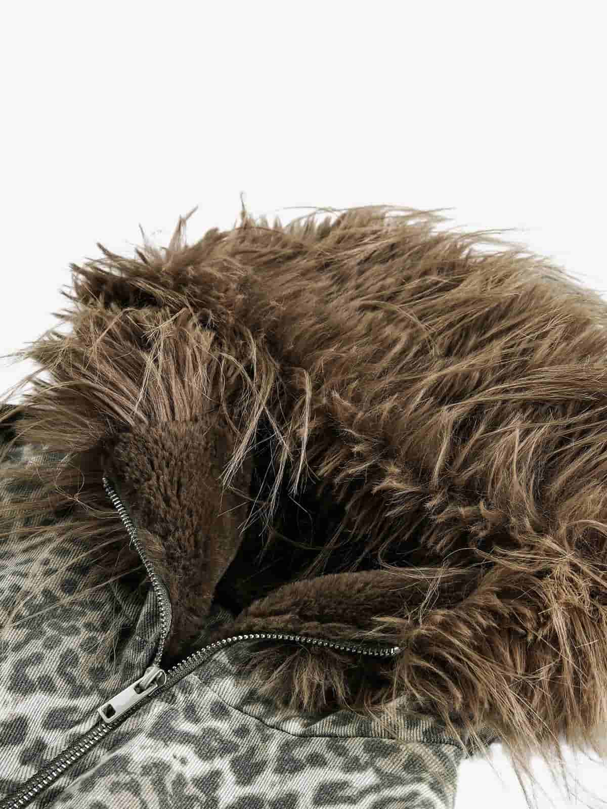 Retro Cheetah  Fur Collar Cotton Jacket
