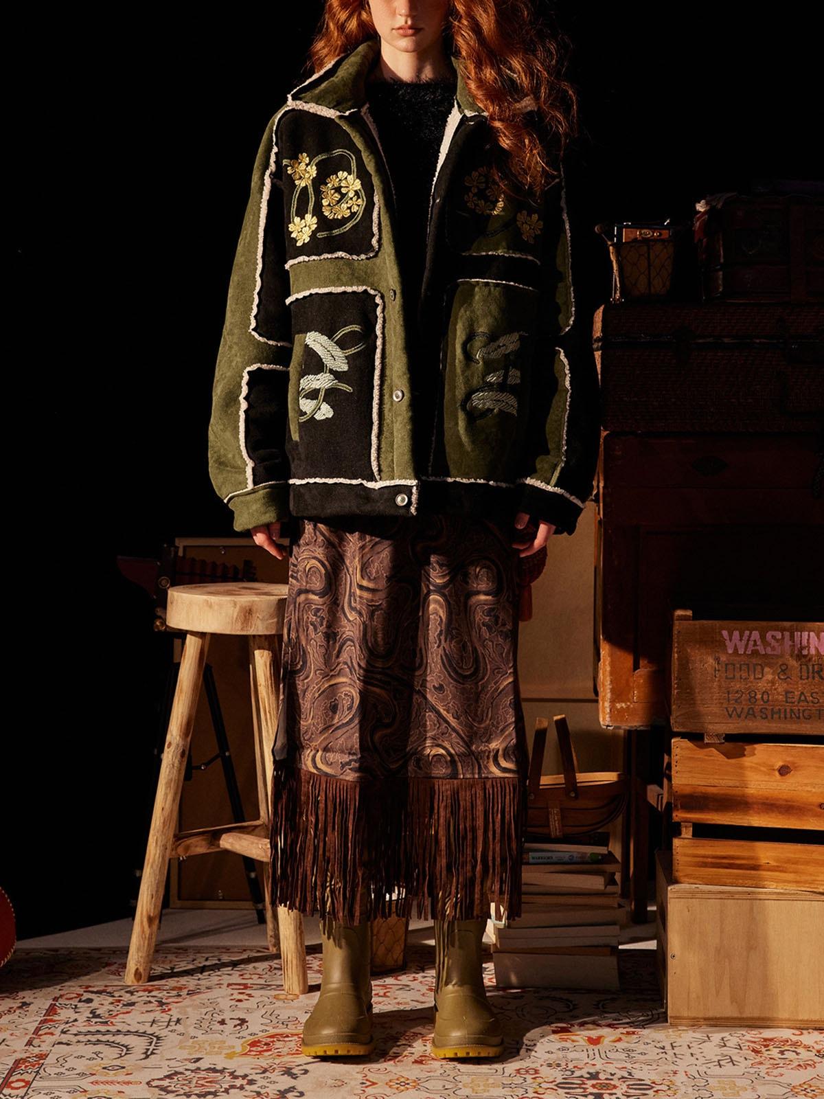 Floral Embroidered Suede Fleece Jacket
