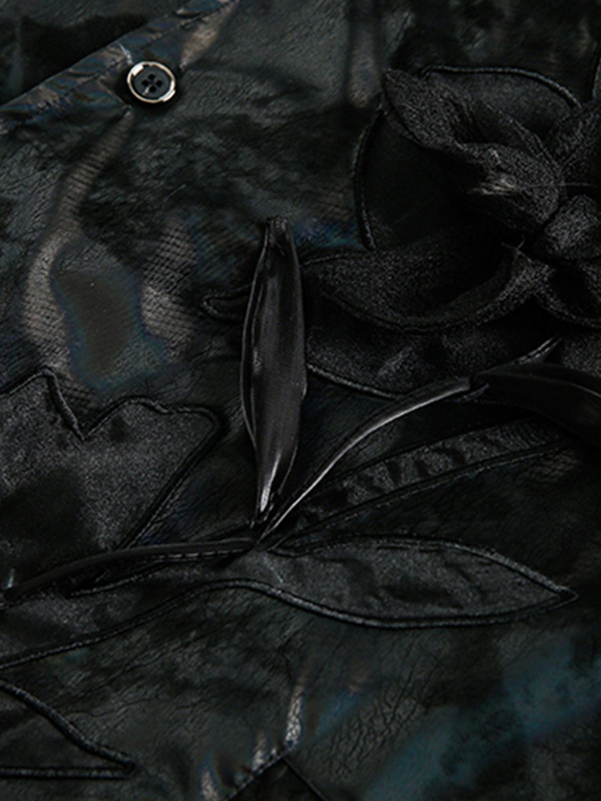 Floral Stand Collar Leather Jacket