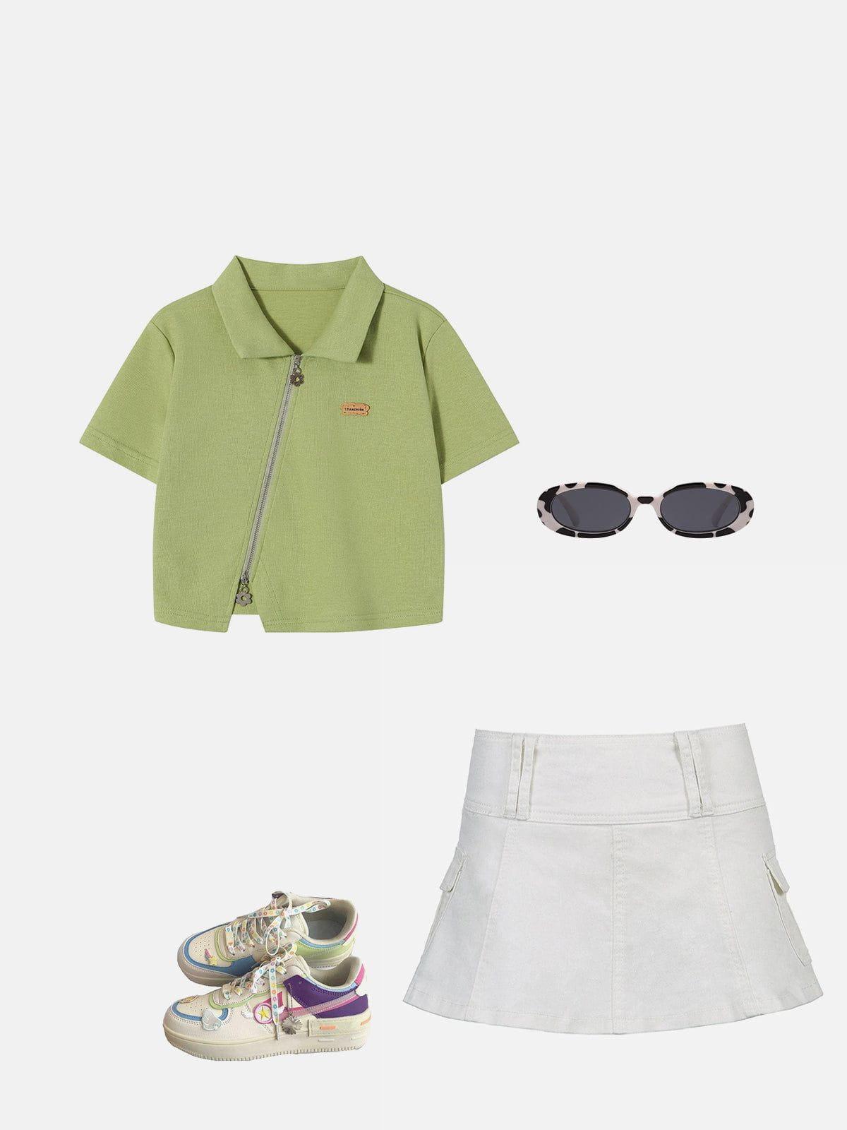 Geometric Zip Up Crop Tee