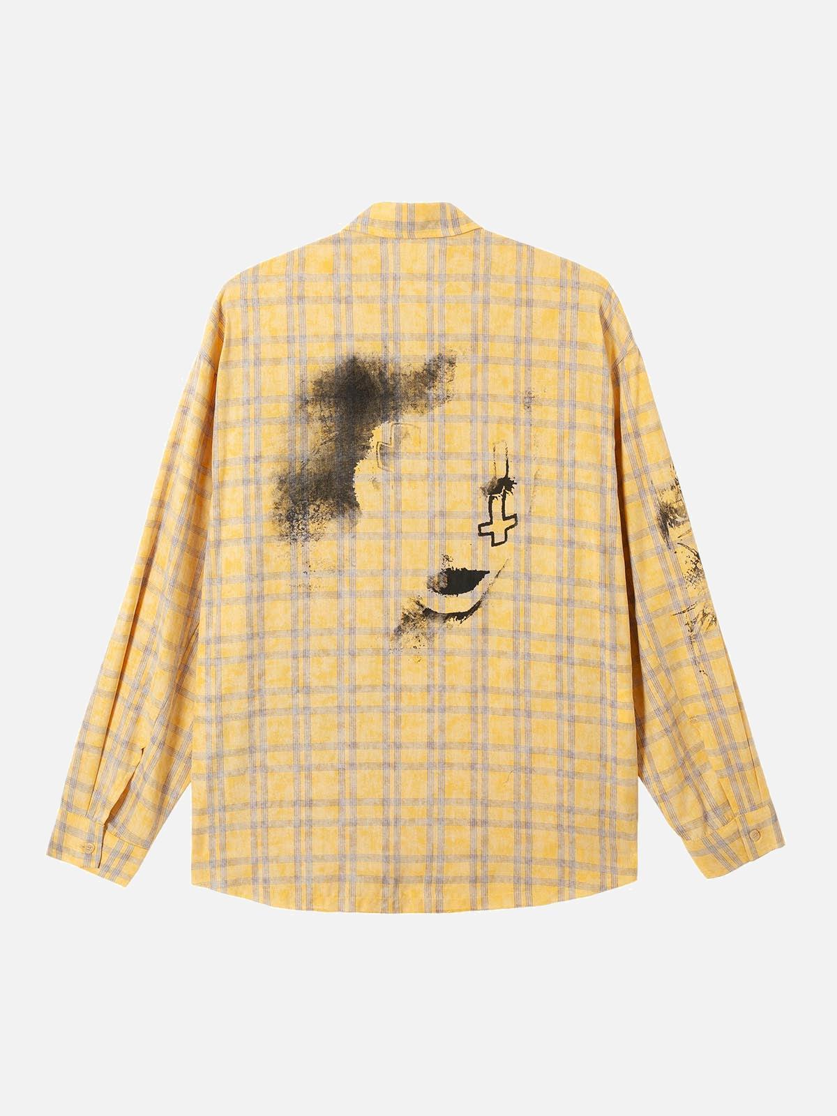 Graffiti Letter Print Long Sleeve Plaid Polo Shirt