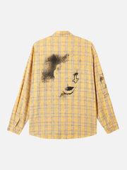 Graffiti Letter Print Long Sleeve Plaid Polo Shirt